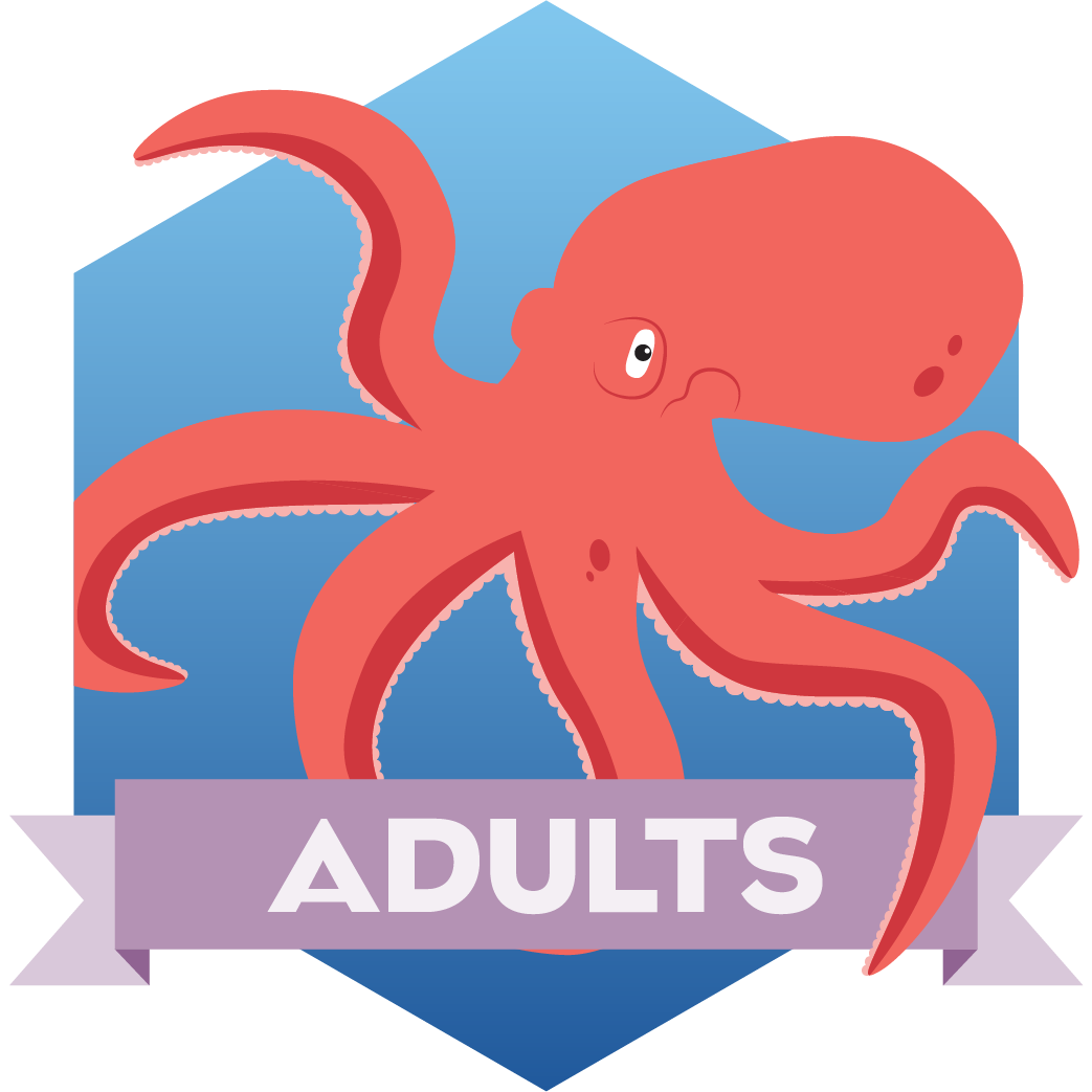 Adult Summer Reading Club logo featuring a red octopus and banner that reads "Adults"